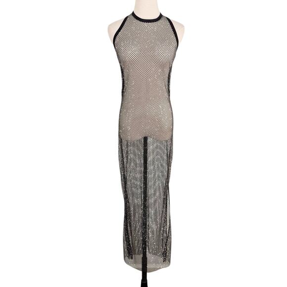 NWT Jonathan Simkhai Inaya Rhinestone Mesh Maxi Dress Black Coverup Beach Size M - Picture 3 of 14